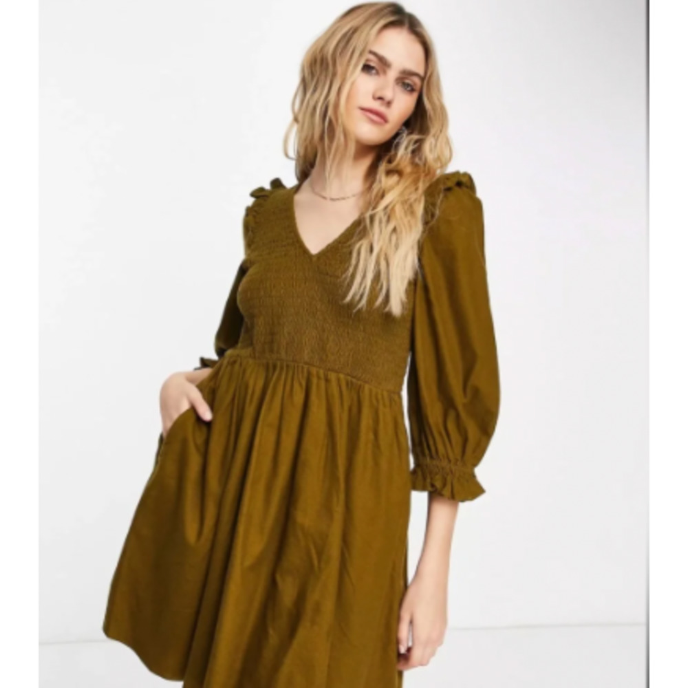 Madewell Olive Green Flannel Lucie VNeck Smocked Mini Dress Womens Medium